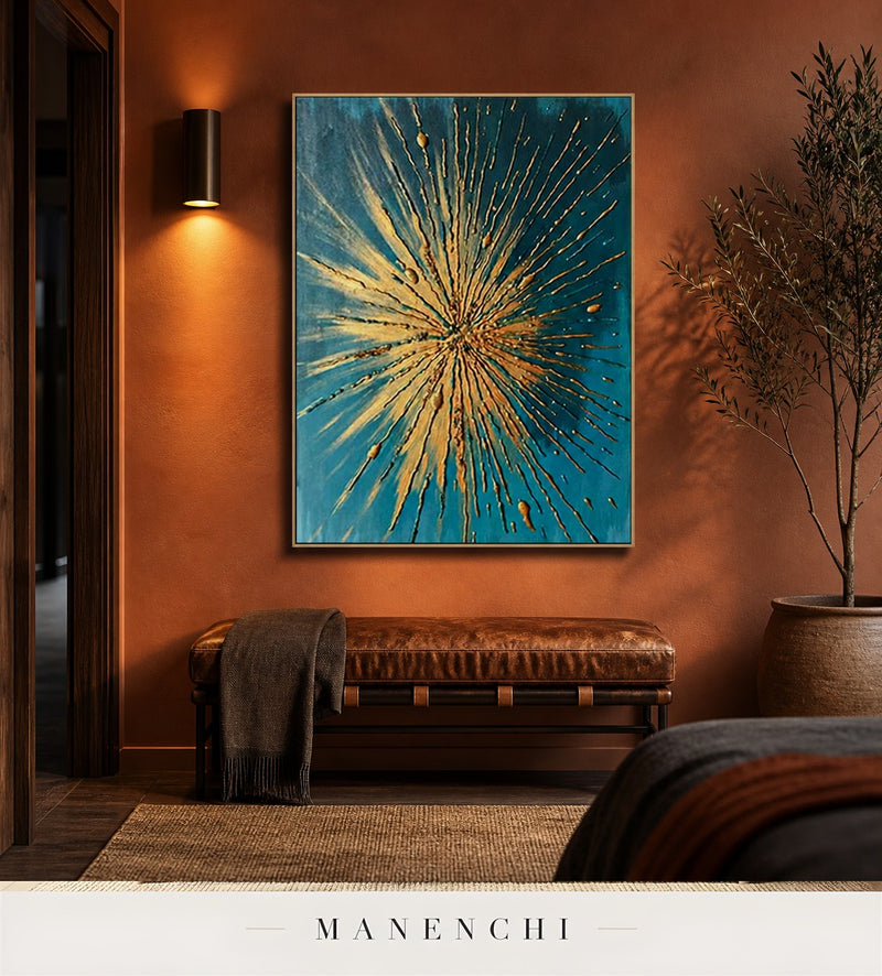 Radiant Threads | Gold Leaf Wall Art - original hand-painted painting by Manenchi, styled in a room setting