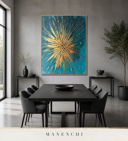 Radiant Threads | Gold Leaf Wall Art - original hand-painted painting by Manenchi, styled in a room setting