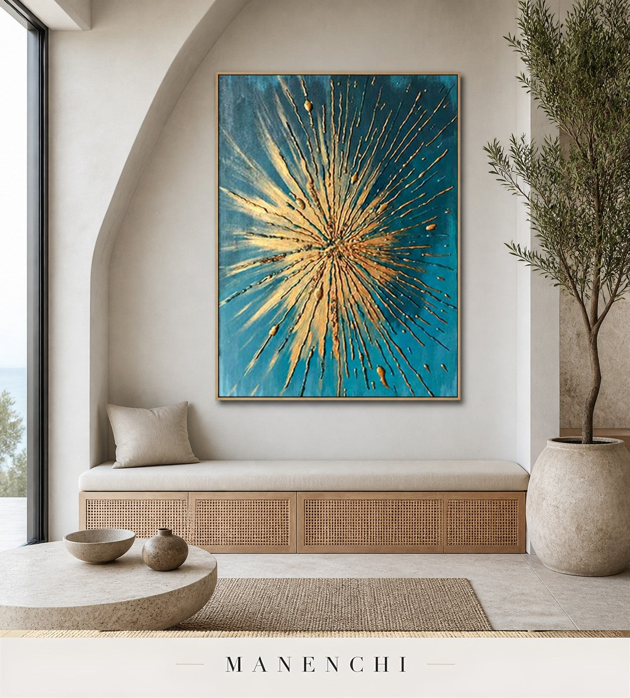 Radiant Threads | Gold Leaf Wall Art - original hand-painted painting by Manenchi, styled in a room setting