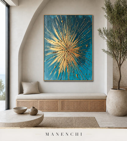 Radiant Threads | Gold Leaf Wall Art - original hand-painted painting by Manenchi, styled in a room setting