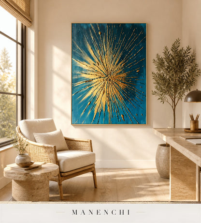 Radiant Threads | Gold Leaf Wall Art - original hand-painted painting by Manenchi, styled in a room setting