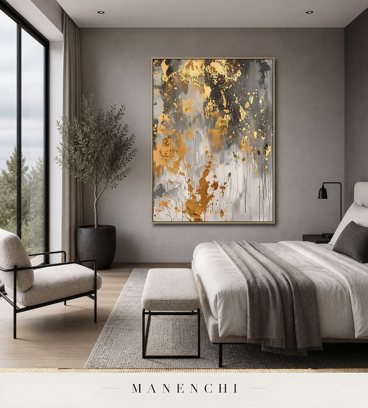 Gold Trace | Gold Leaf Wall Art - original hand-painted painting by Manenchi, styled in a room setting