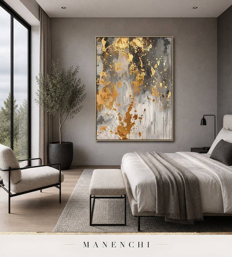 Gold Trace | Gold Leaf Wall Art - original hand-painted painting by Manenchi, styled in a room setting