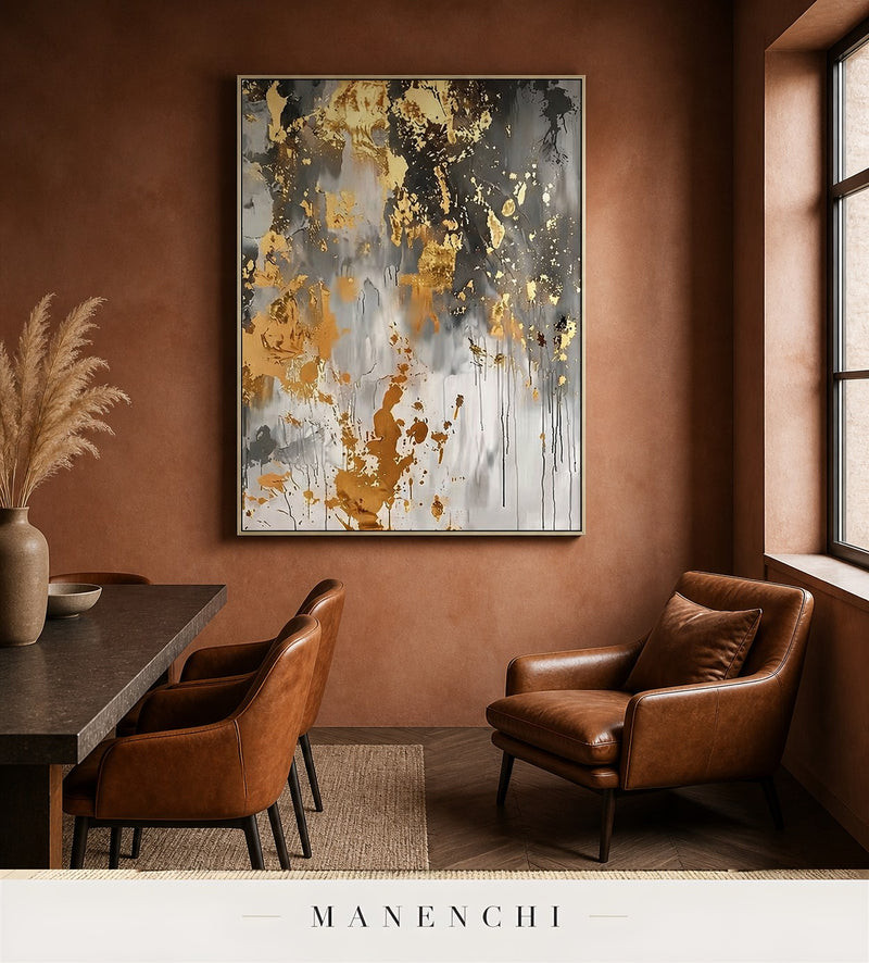Gold Trace | Gold Leaf Wall Art - original hand-painted painting by Manenchi, styled in a room setting