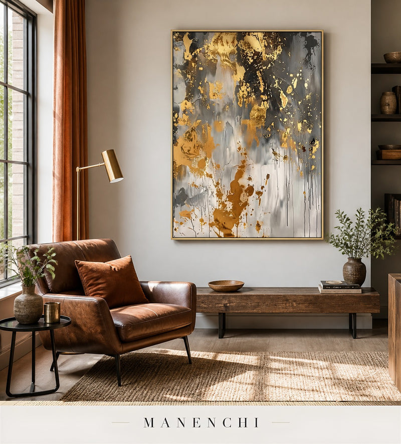 Gold Trace | Gold Leaf Wall Art - original hand-painted painting by Manenchi, styled in a room setting