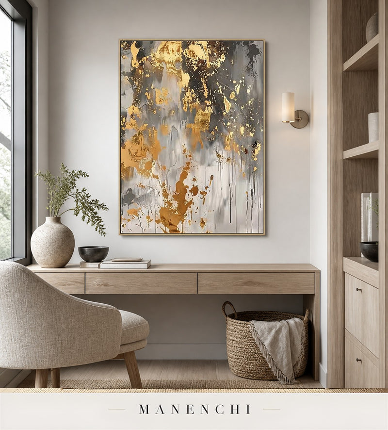 Gold Trace | Gold Leaf Wall Art - original hand-painted painting by Manenchi, styled in a room setting