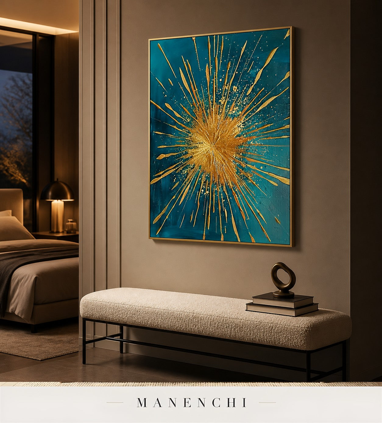Auric Flare | Gold Leaf Wall Art - original hand-painted painting by Manenchi, styled in a room setting