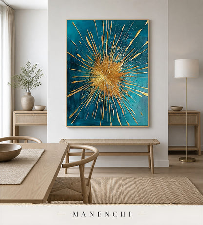 Auric Flare | Gold Leaf Wall Art - original hand-painted painting by Manenchi, styled in a room setting