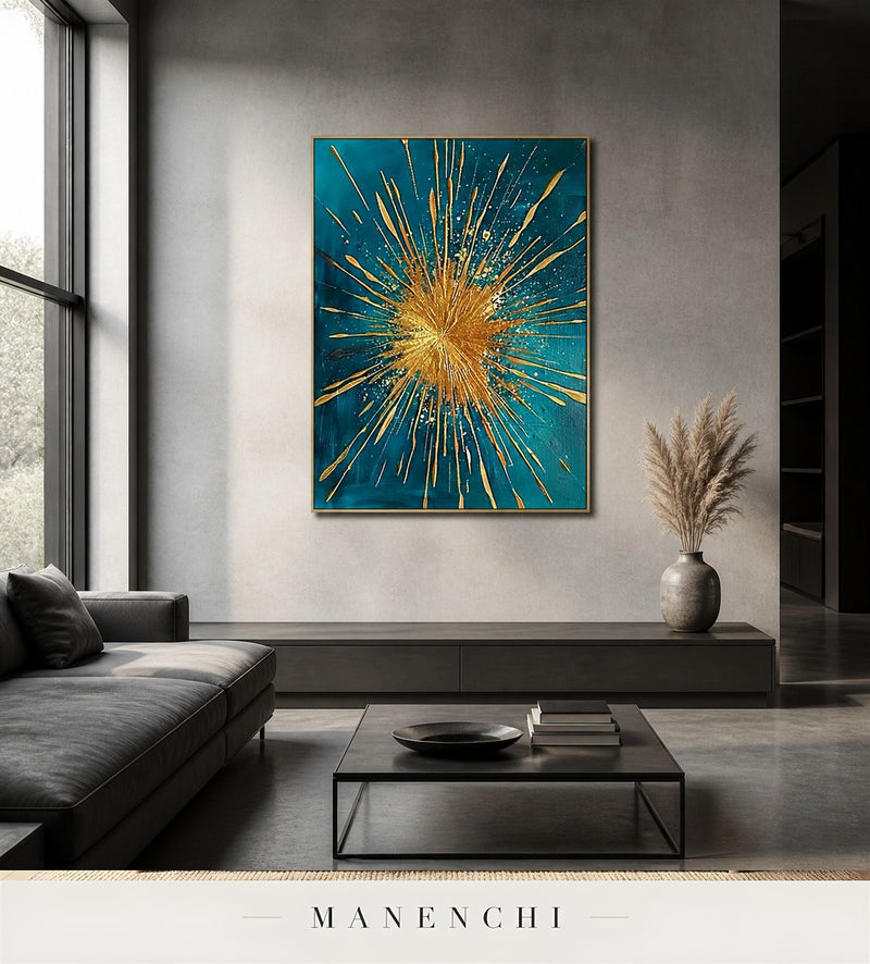 Auric Flare | Gold Leaf Wall Art - original hand-painted painting by Manenchi, styled in a room setting