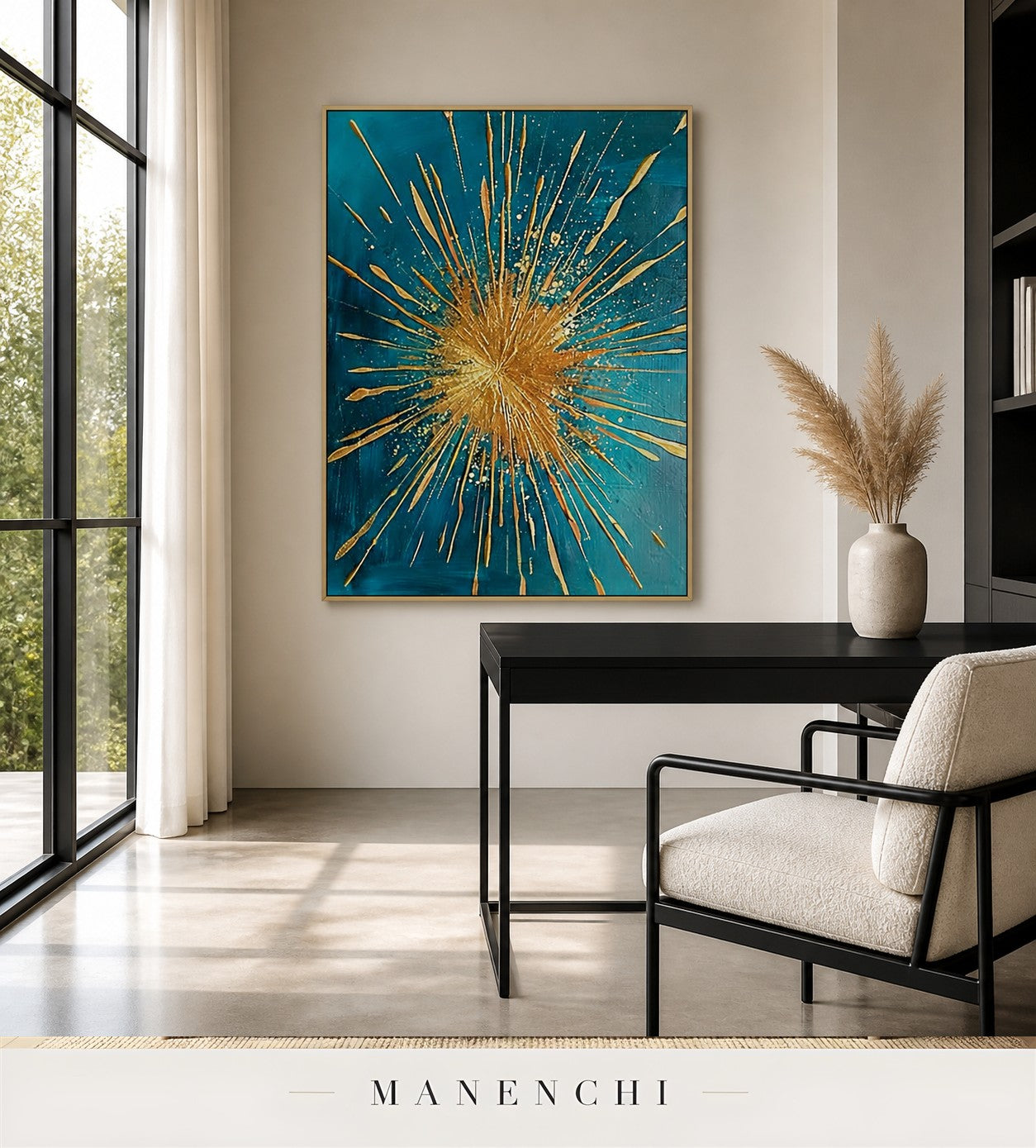 Auric Flare | Gold Leaf Wall Art - original hand-painted painting by Manenchi, styled in a room setting