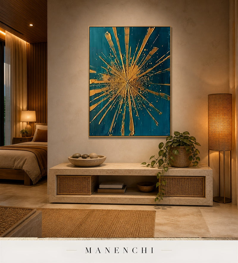 Auric Apex | Gold Leaf Wall Art - original hand-painted painting by Manenchi, styled in a room setting