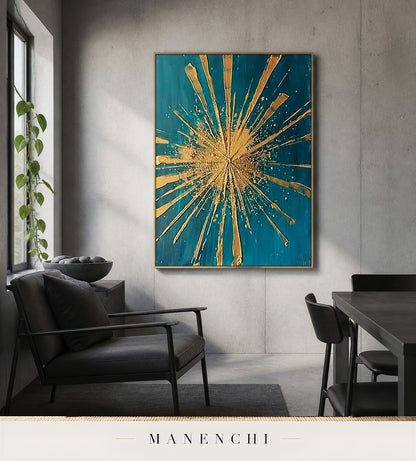 Auric Apex | Gold Leaf Wall Art - original hand-painted painting by Manenchi, styled in a room setting