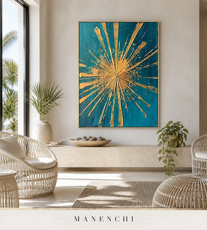 Auric Apex | Gold Leaf Wall Art - original hand-painted painting by Manenchi, styled in a room setting