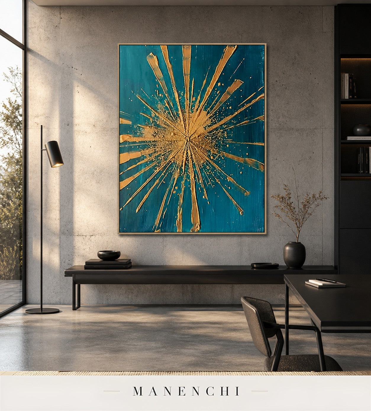 Auric Apex | Gold Leaf Wall Art - original hand-painted painting by Manenchi, styled in a room setting