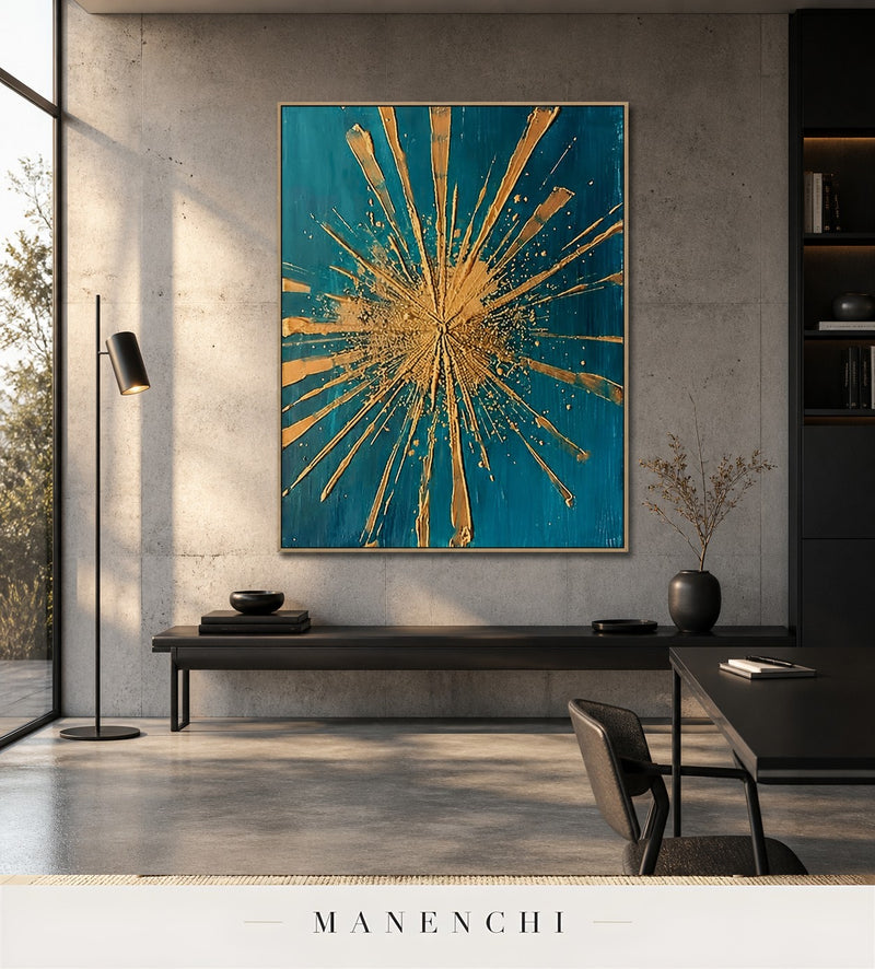 Auric Apex | Gold Leaf Wall Art - original hand-painted painting by Manenchi, styled in a room setting