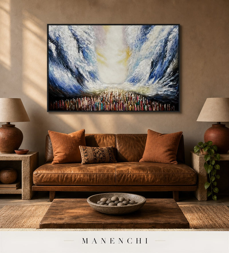 Cerulean Relief | Contemporary Wall Art - original hand-painted painting by Manenchi, styled in a room setting