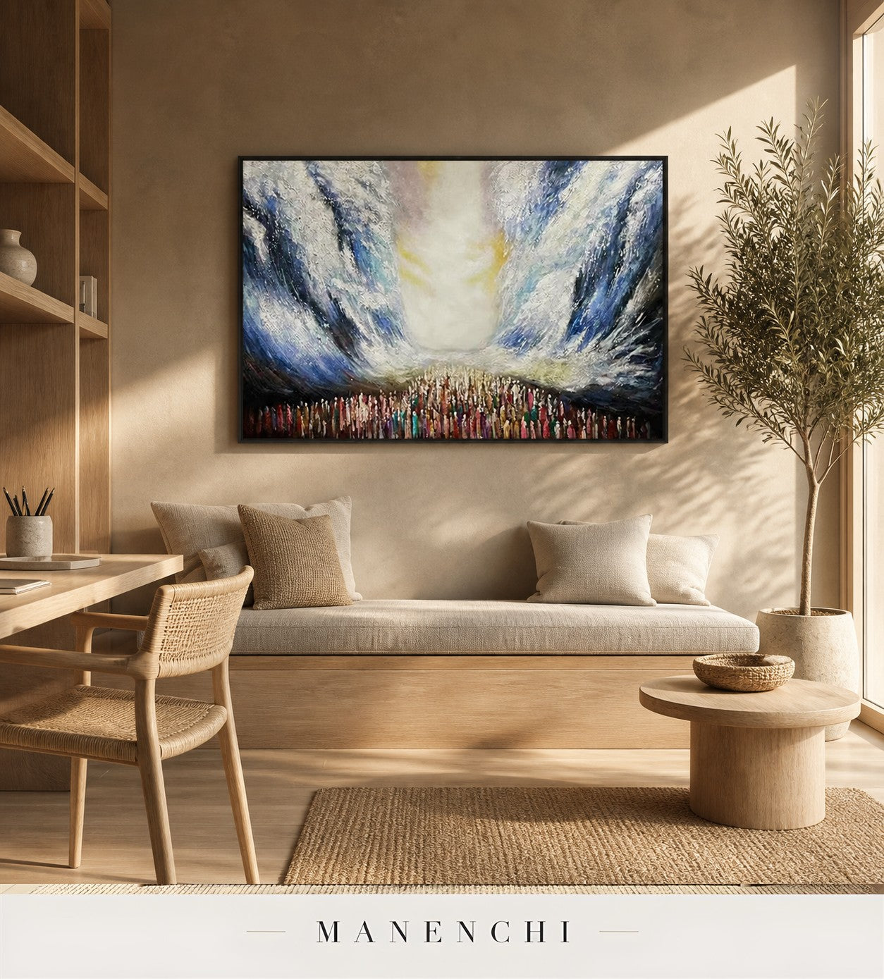 Cerulean Relief | Contemporary Wall Art - original hand-painted painting by Manenchi, styled in a room setting