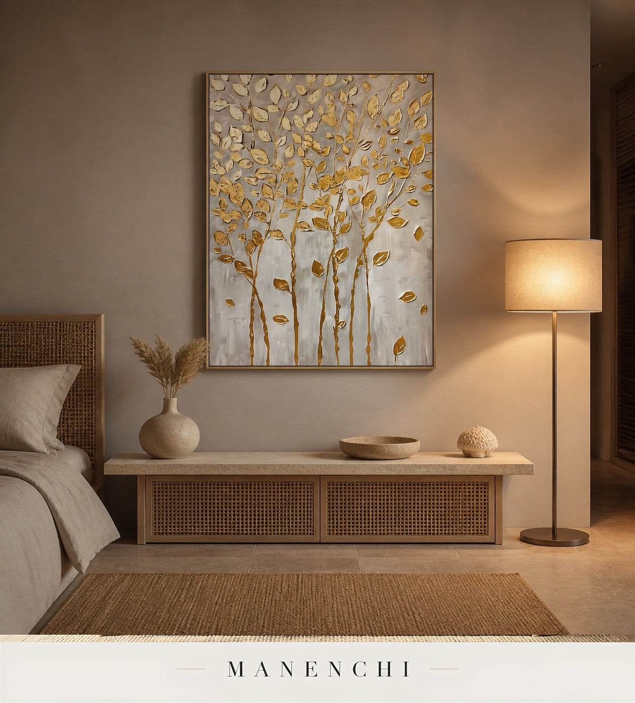Foliate Web | Gold Leaf Wall Art - original hand-painted painting by Manenchi, styled in a room setting