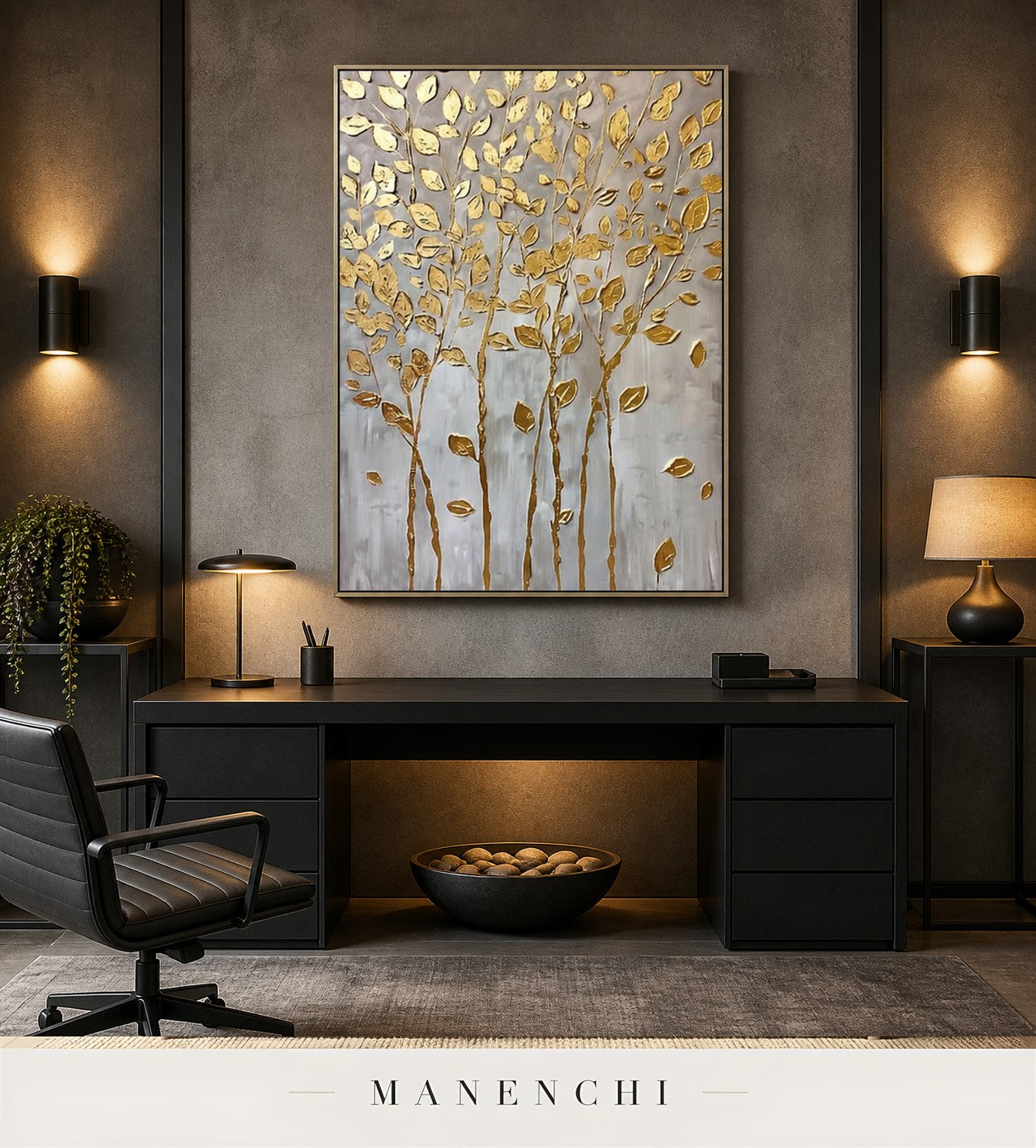 Foliate Web | Gold Leaf Wall Art - original hand-painted painting by Manenchi, styled in a room setting