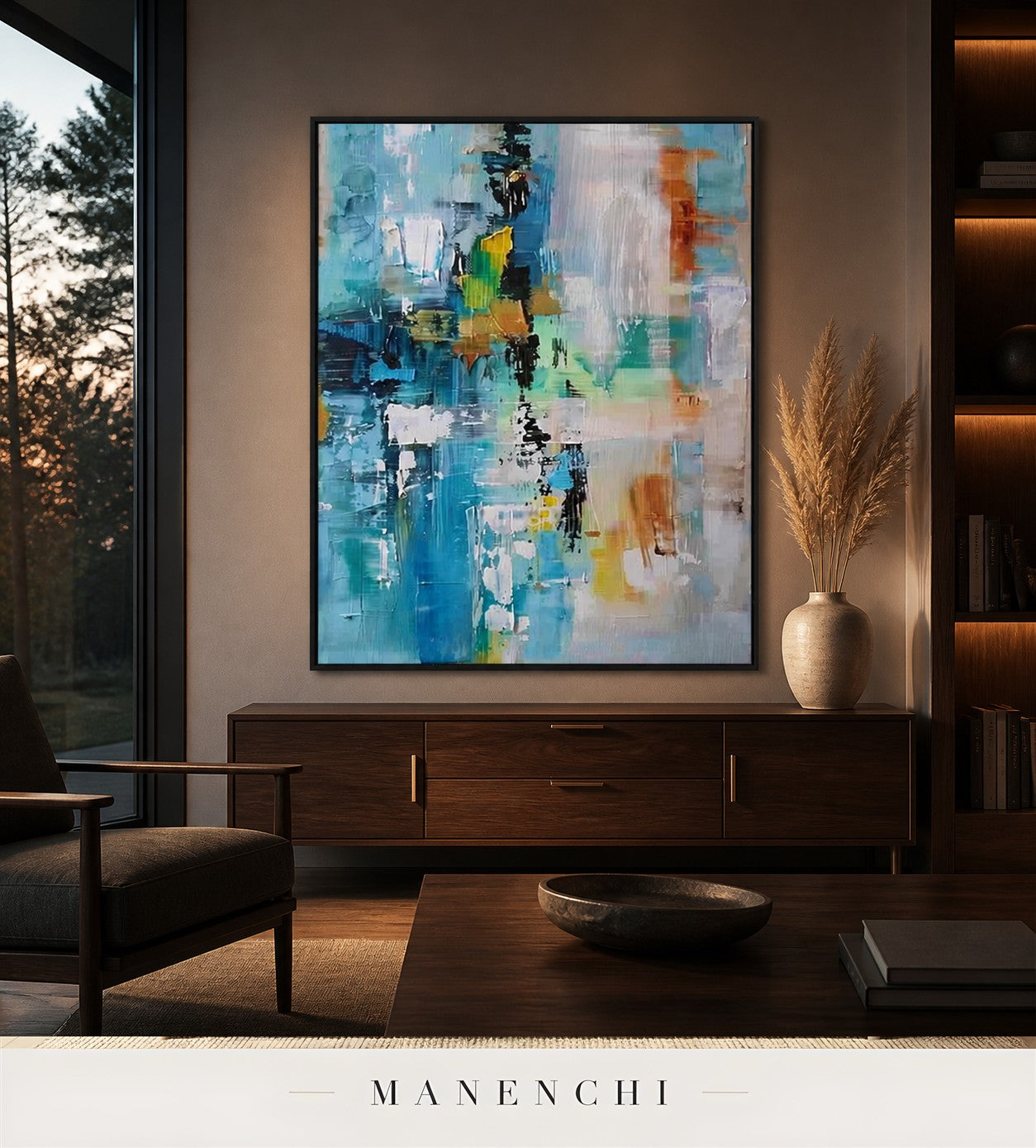 Serene Loft | Contemporary Wall Art - original hand-painted painting by Manenchi, styled in a room setting