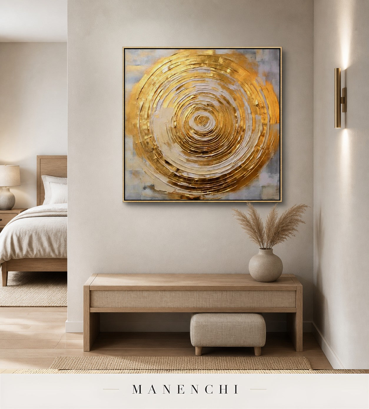 Orbital Luster | Gold Leaf Wall Art - original hand-painted painting by Manenchi, styled in a room setting