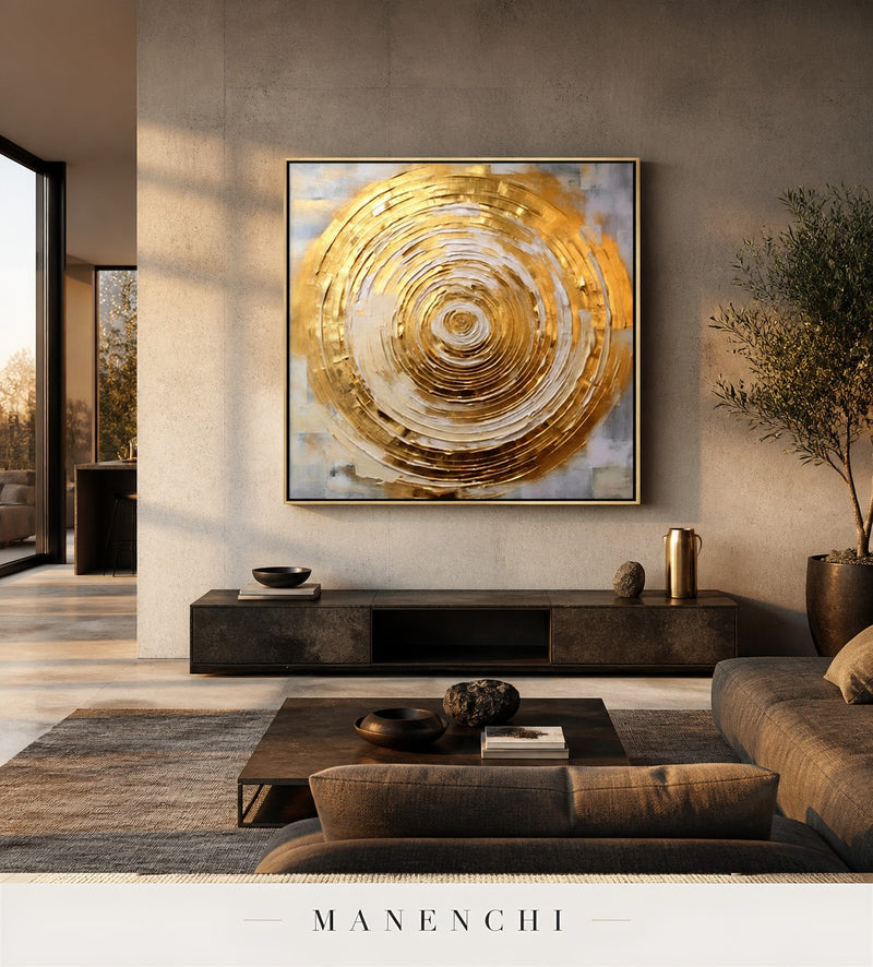 Orbital Luster | Gold Leaf Wall Art - original hand-painted painting by Manenchi, styled in a room setting