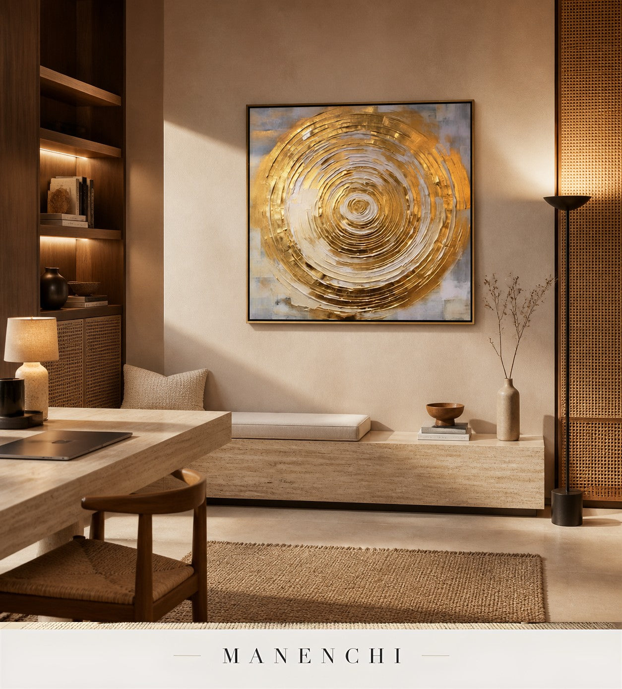 Orbital Luster | Gold Leaf Wall Art - original hand-painted painting by Manenchi, styled in a room setting