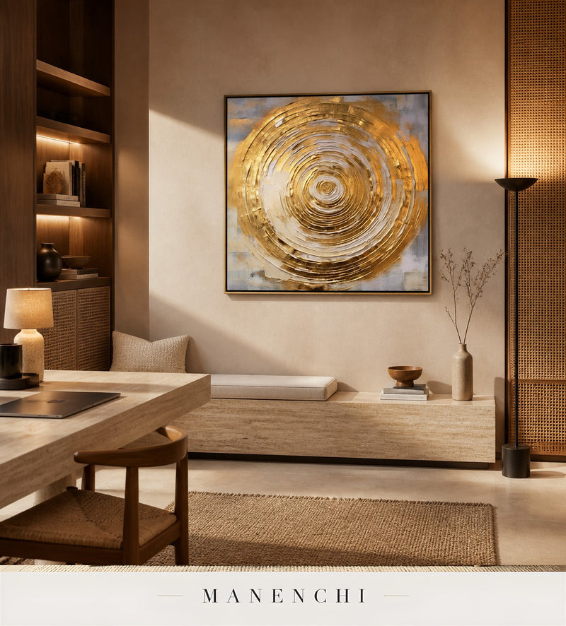 Orbital Luster | Gold Leaf Wall Art - original hand-painted painting by Manenchi, styled in a room setting