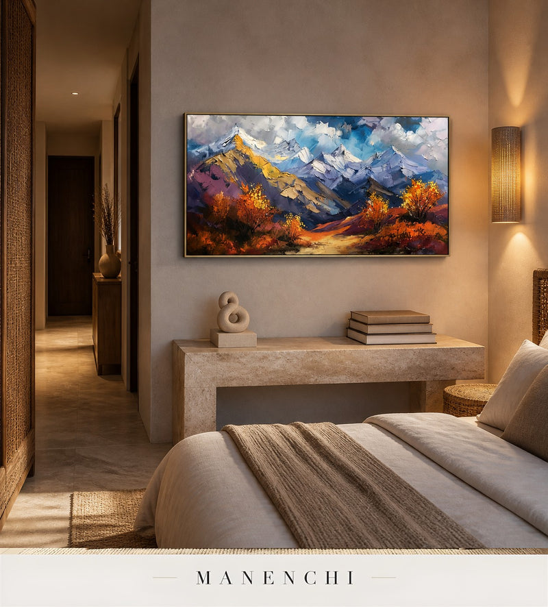 Built Peaks | Contemporary Wall Art - original hand-painted painting by Manenchi, styled in a room setting