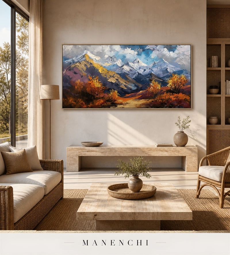 Built Peaks | Contemporary Wall Art - original hand-painted painting by Manenchi, styled in a room setting