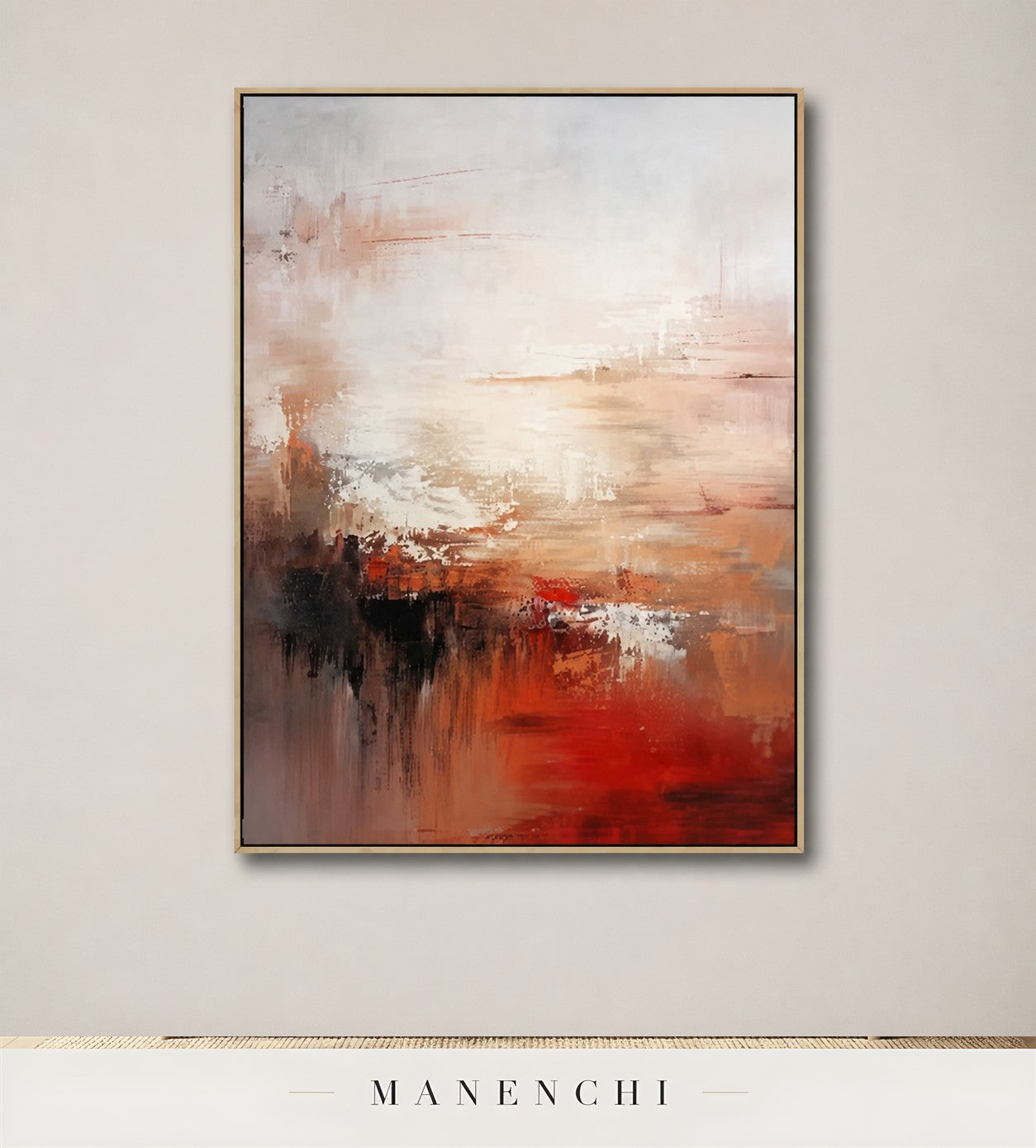 Crimson Scrim | Contemporary Wall Art - original hand-painted painting by Manenchi, styled in a room setting