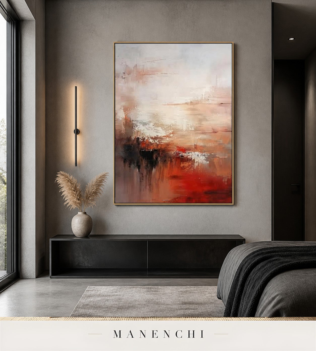 Crimson Scrim | Contemporary Wall Art - original hand-painted painting by Manenchi, styled in a room setting