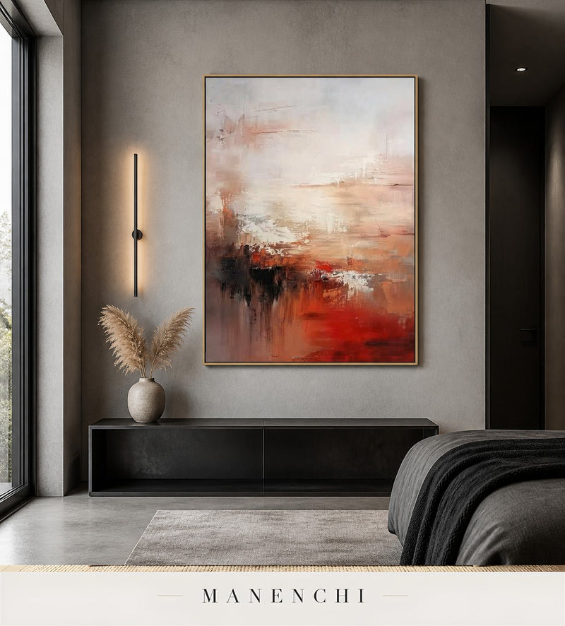 Crimson Scrim | Contemporary Wall Art - original hand-painted painting by Manenchi, styled in a room setting