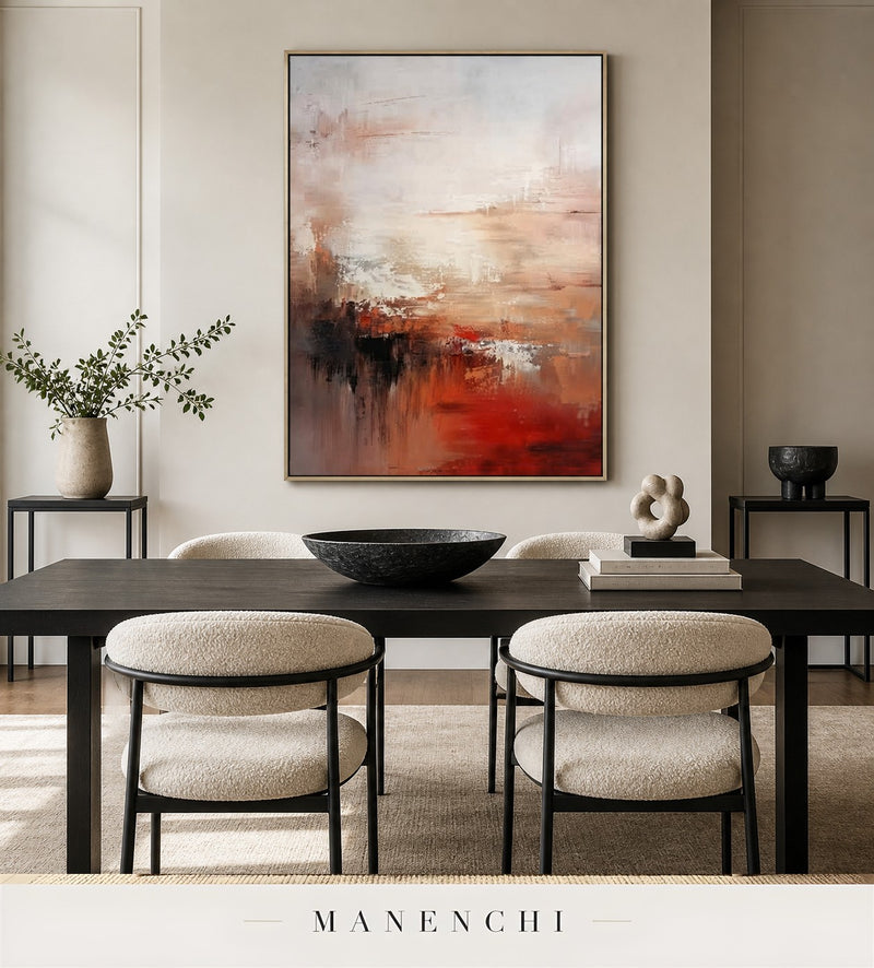 Crimson Scrim | Contemporary Wall Art - original hand-painted painting by Manenchi, styled in a room setting