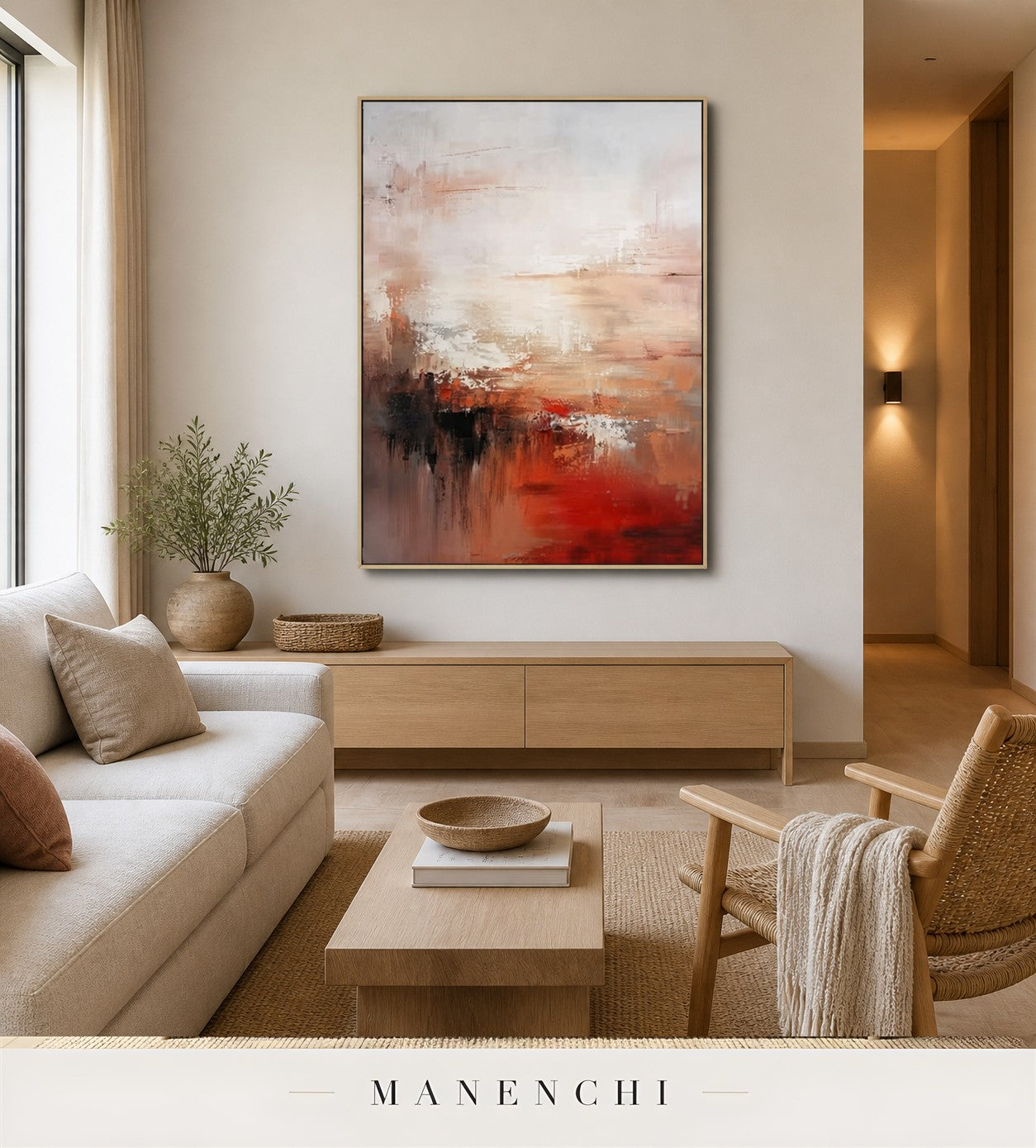 Crimson Scrim | Contemporary Wall Art - original hand-painted painting by Manenchi, styled in a room setting