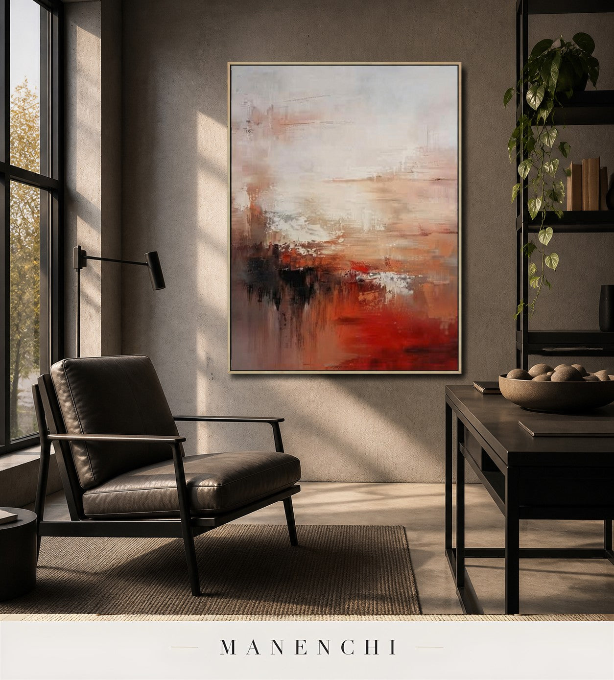 Crimson Scrim | Contemporary Wall Art - original hand-painted painting by Manenchi, styled in a room setting