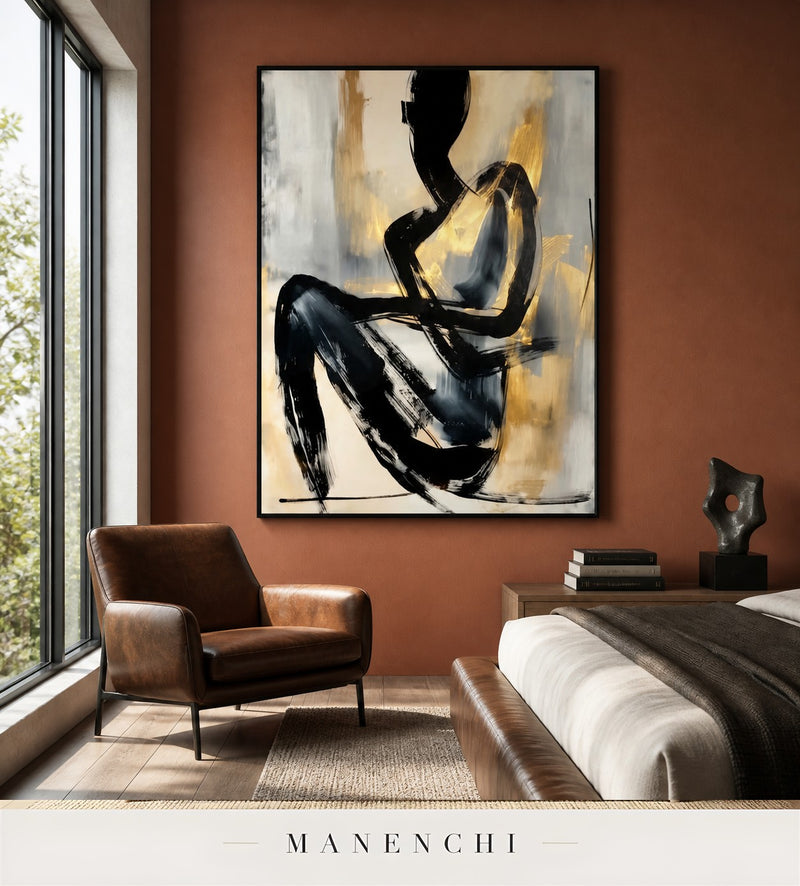 Sable Presence | Gold Leaf Wall Art - original hand-painted painting by Manenchi, styled in a room setting