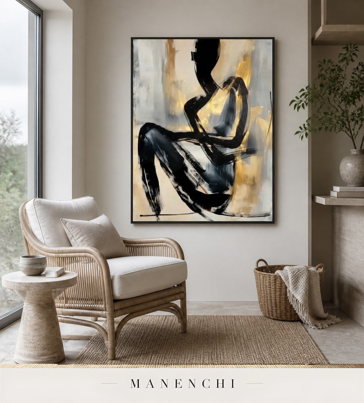 Sable Presence | Gold Leaf Wall Art - original hand-painted painting by Manenchi, styled in a room setting