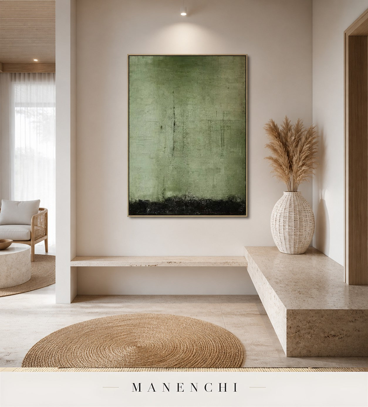 Verdant Striae | Wabi-Sabi Wall Art - original hand-painted painting by Manenchi, styled in a room setting