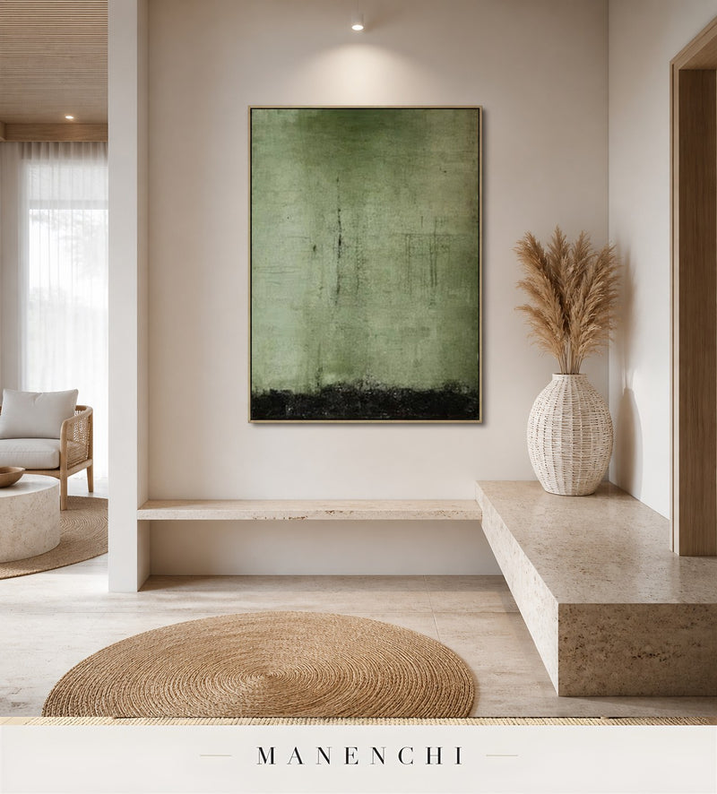 Verdant Striae | Wabi-Sabi Wall Art - original hand-painted painting by Manenchi, styled in a room setting