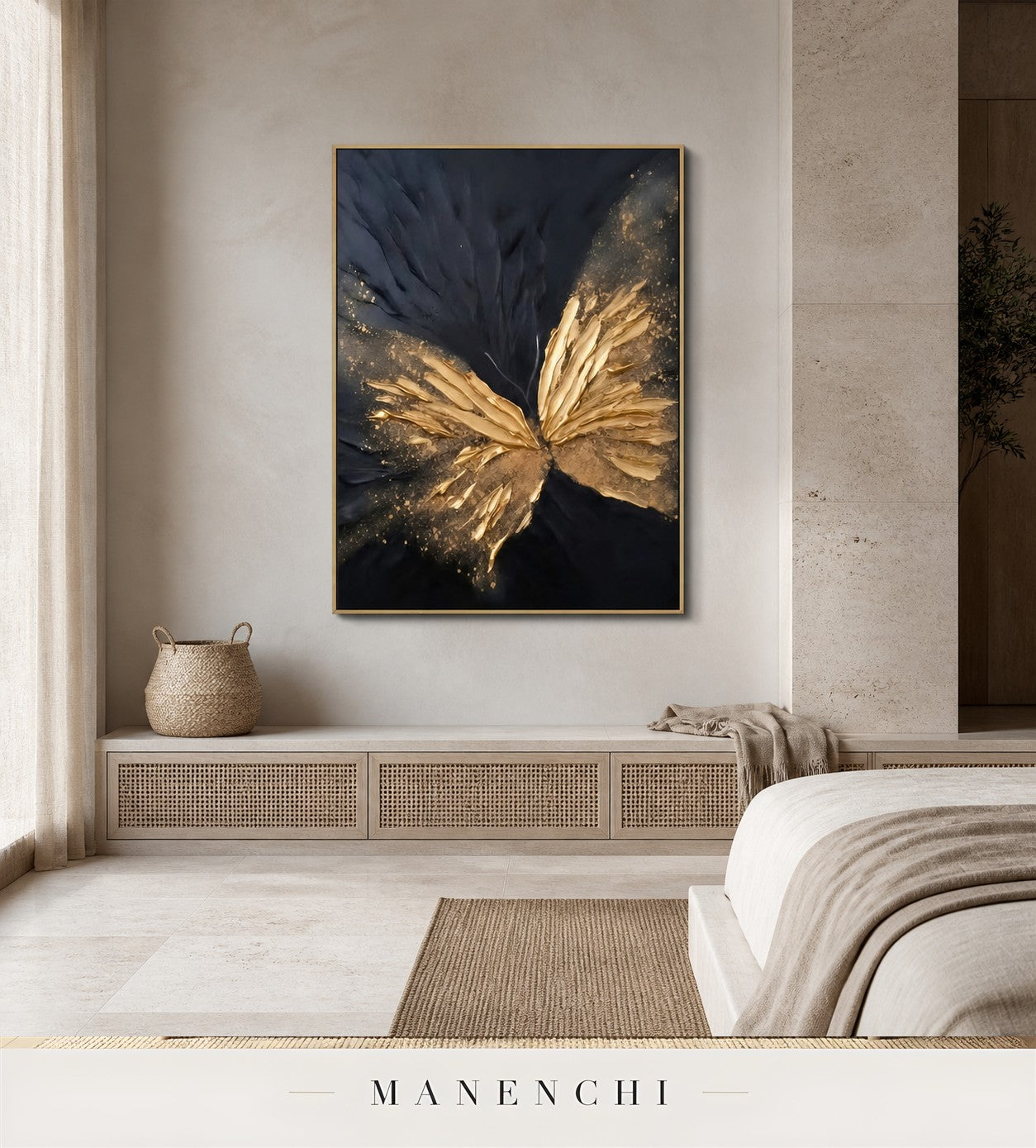 Auric Flutter | Gold Leaf Wall Art - original hand-painted painting by Manenchi, styled in a room setting
