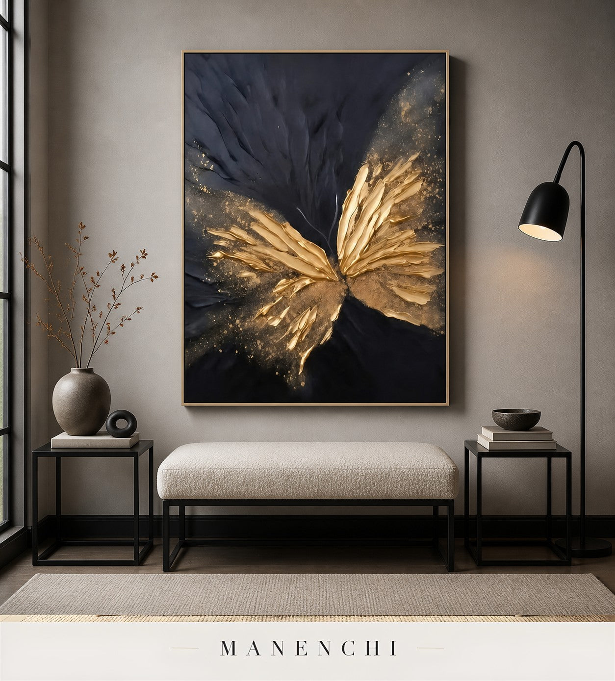 Auric Flutter | Gold Leaf Wall Art - original hand-painted painting by Manenchi, styled in a room setting