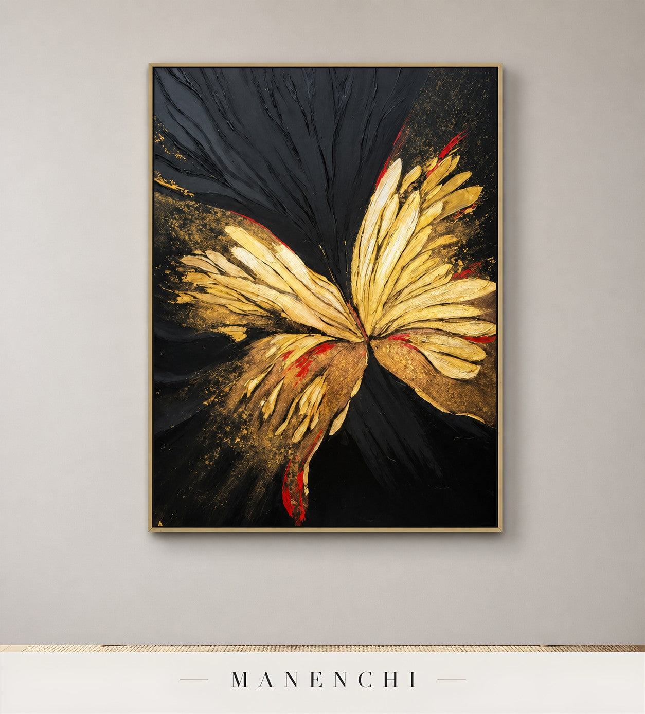 Winged Filament | Gold Leaf Wall Art - original hand-painted painting by Manenchi, styled in a room setting