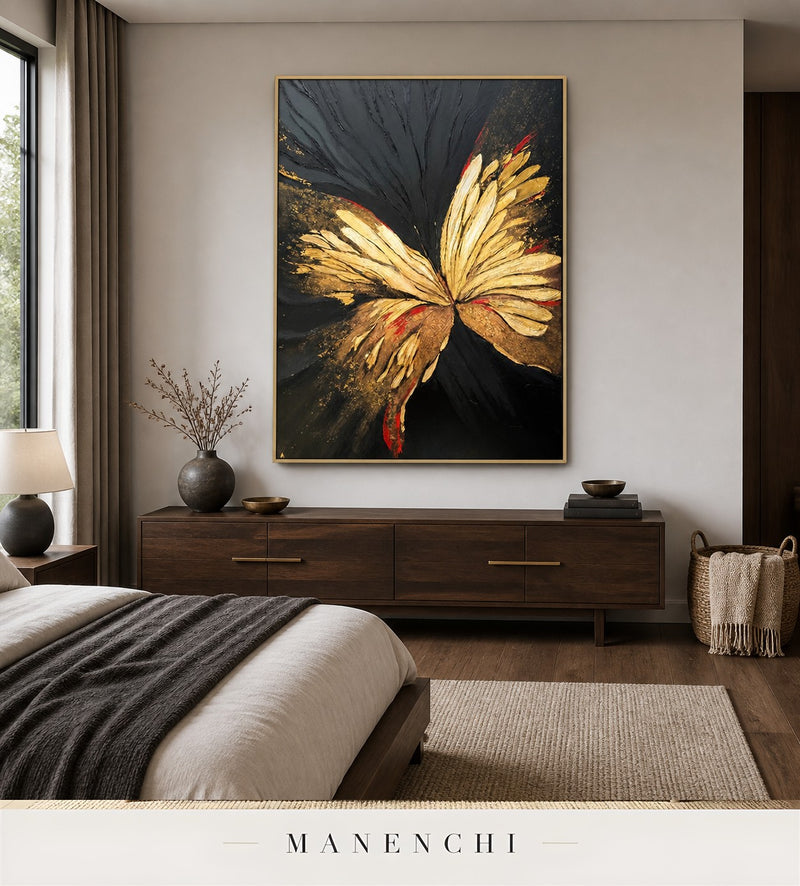 Winged Filament | Gold Leaf Wall Art - original hand-painted painting by Manenchi, styled in a room setting