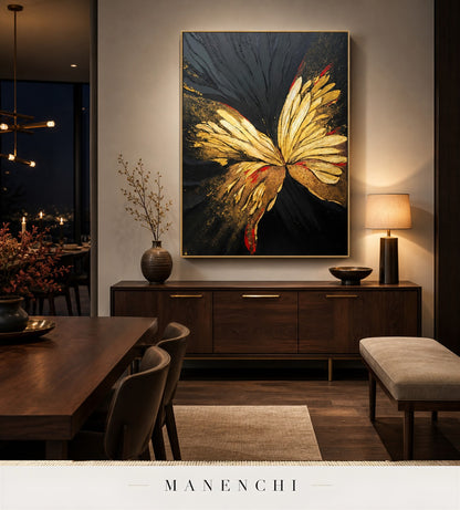 Winged Filament | Gold Leaf Wall Art - original hand-painted painting by Manenchi, styled in a room setting