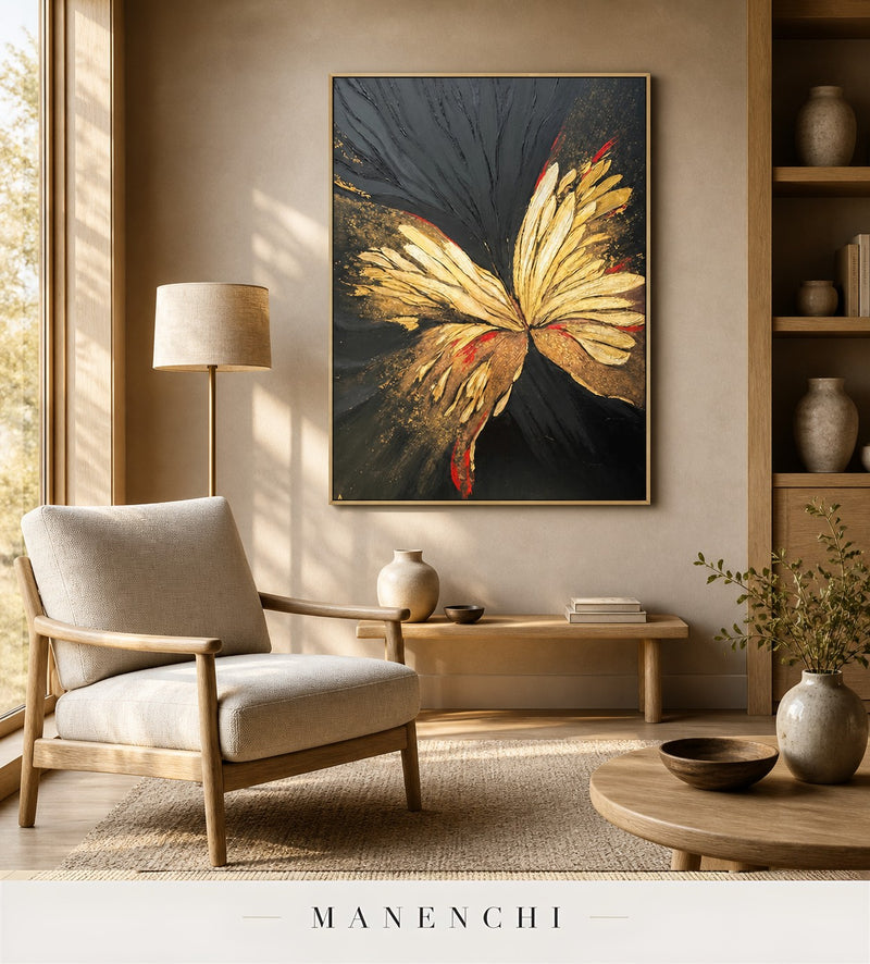 Winged Filament | Gold Leaf Wall Art - original hand-painted painting by Manenchi, styled in a room setting