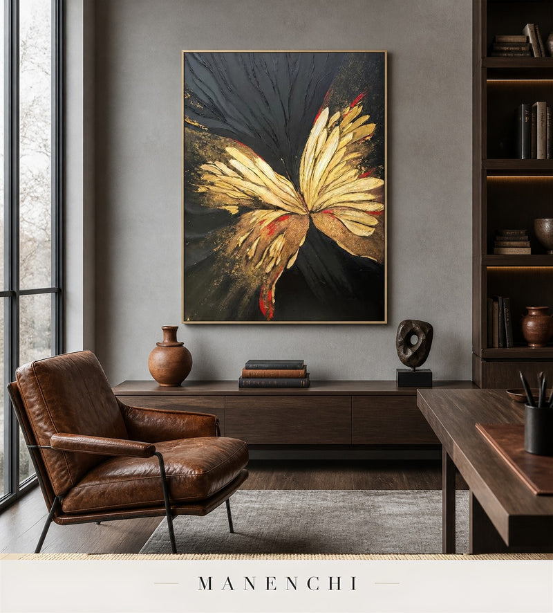 Winged Filament | Gold Leaf Wall Art - original hand-painted painting by Manenchi, styled in a room setting