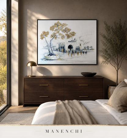 Auric Procession | Gold Leaf Wall Art - original hand-painted painting by Manenchi, styled in a room setting