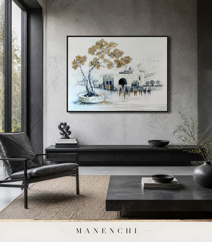 Auric Procession | Gold Leaf Wall Art - original hand-painted painting by Manenchi, styled in a room setting