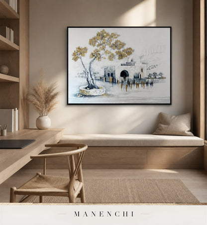 Auric Procession | Gold Leaf Wall Art - original hand-painted painting by Manenchi, styled in a room setting